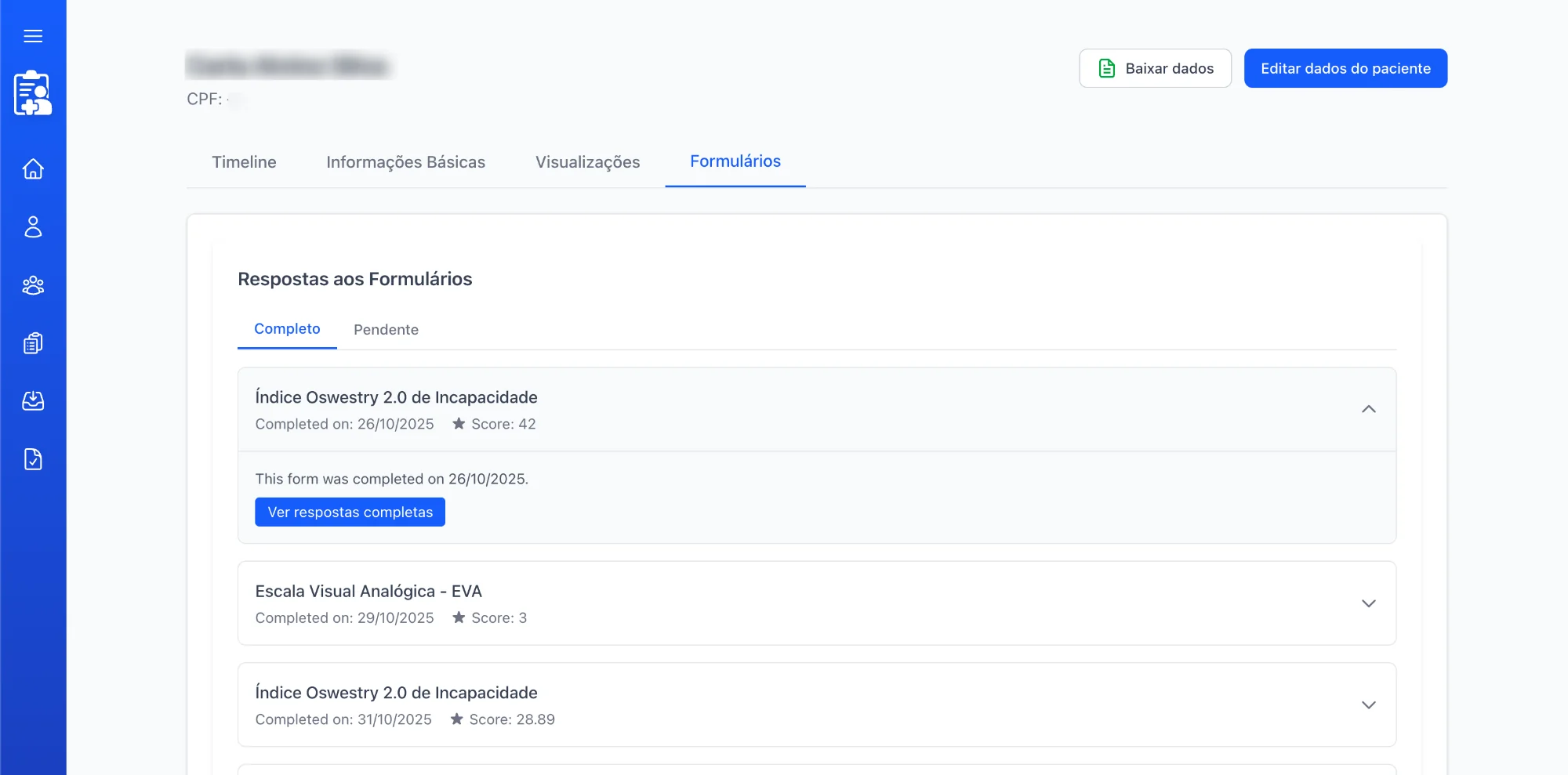 Histórico de respostas por paciente